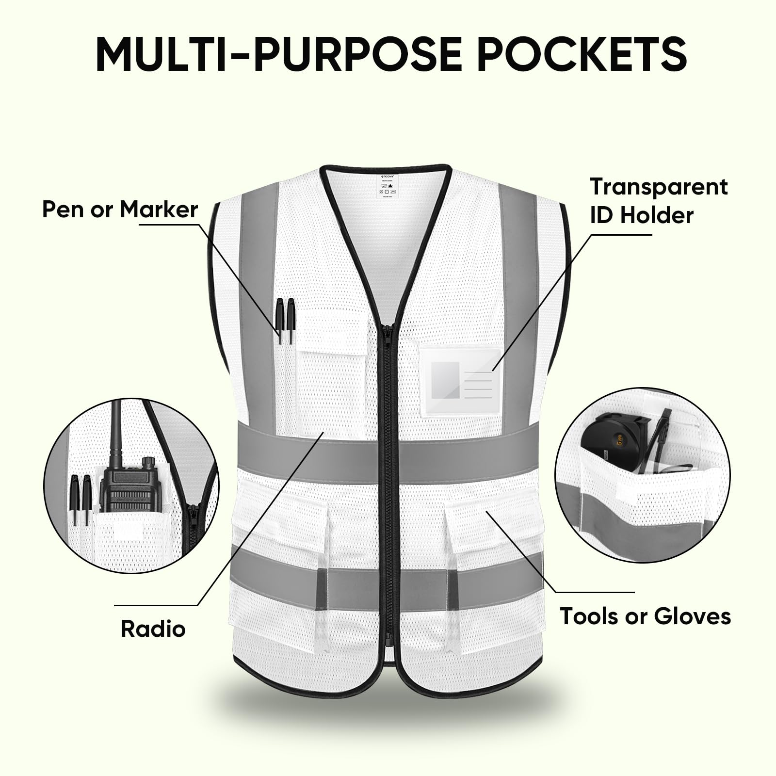 TICONN Lot de 2 gilets de sécurité réfléchissants (blanc, M, blanc), taille M, blanc, M