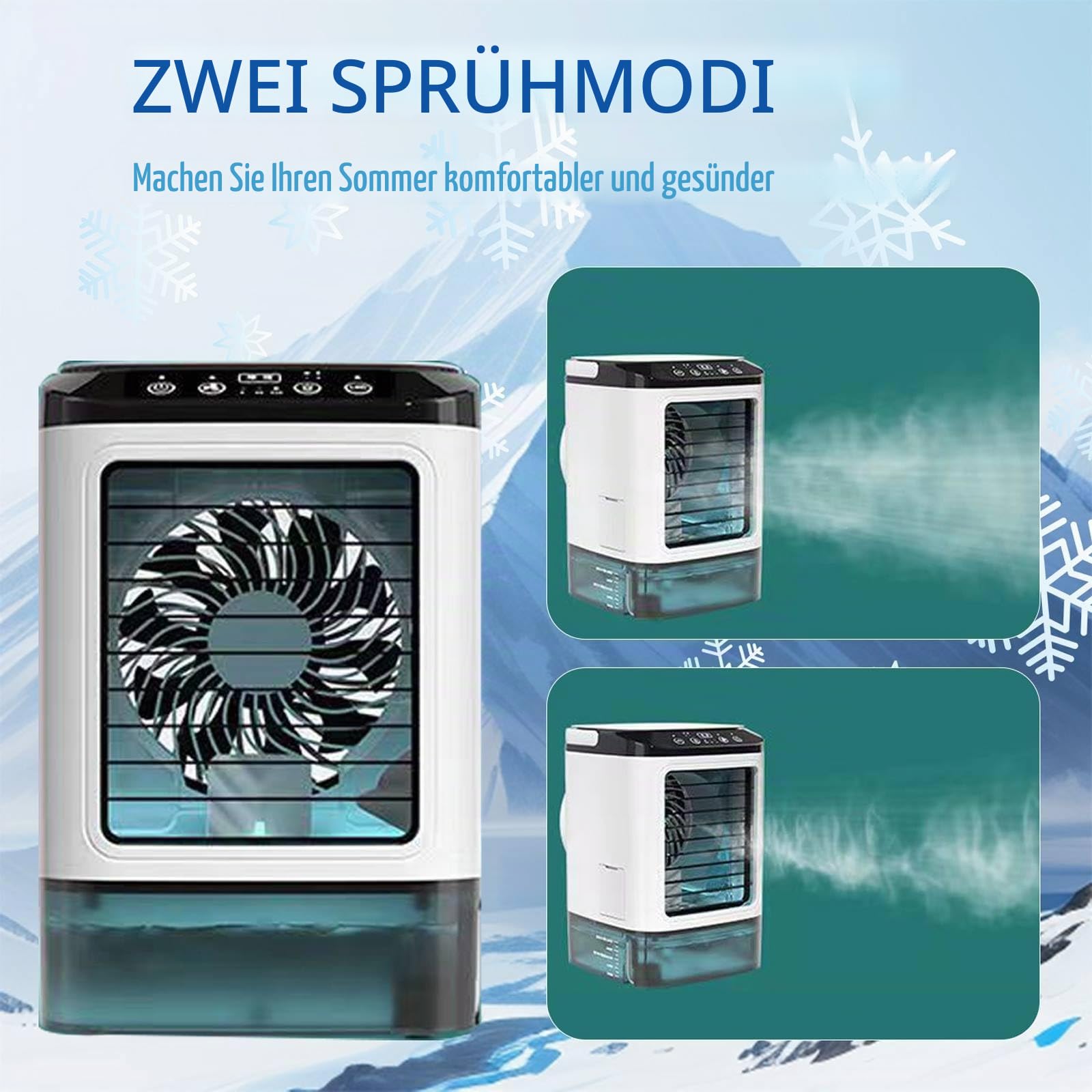 Mobile Klimaanlage 4-in-1 Luftkühler mit Tank 1 l, Luftbefeuchter und Luftreiniger, 3 Geschwindigkeiten, 7 LED-Lichter, leises Klimagerät für Schlafzimmer, Büro