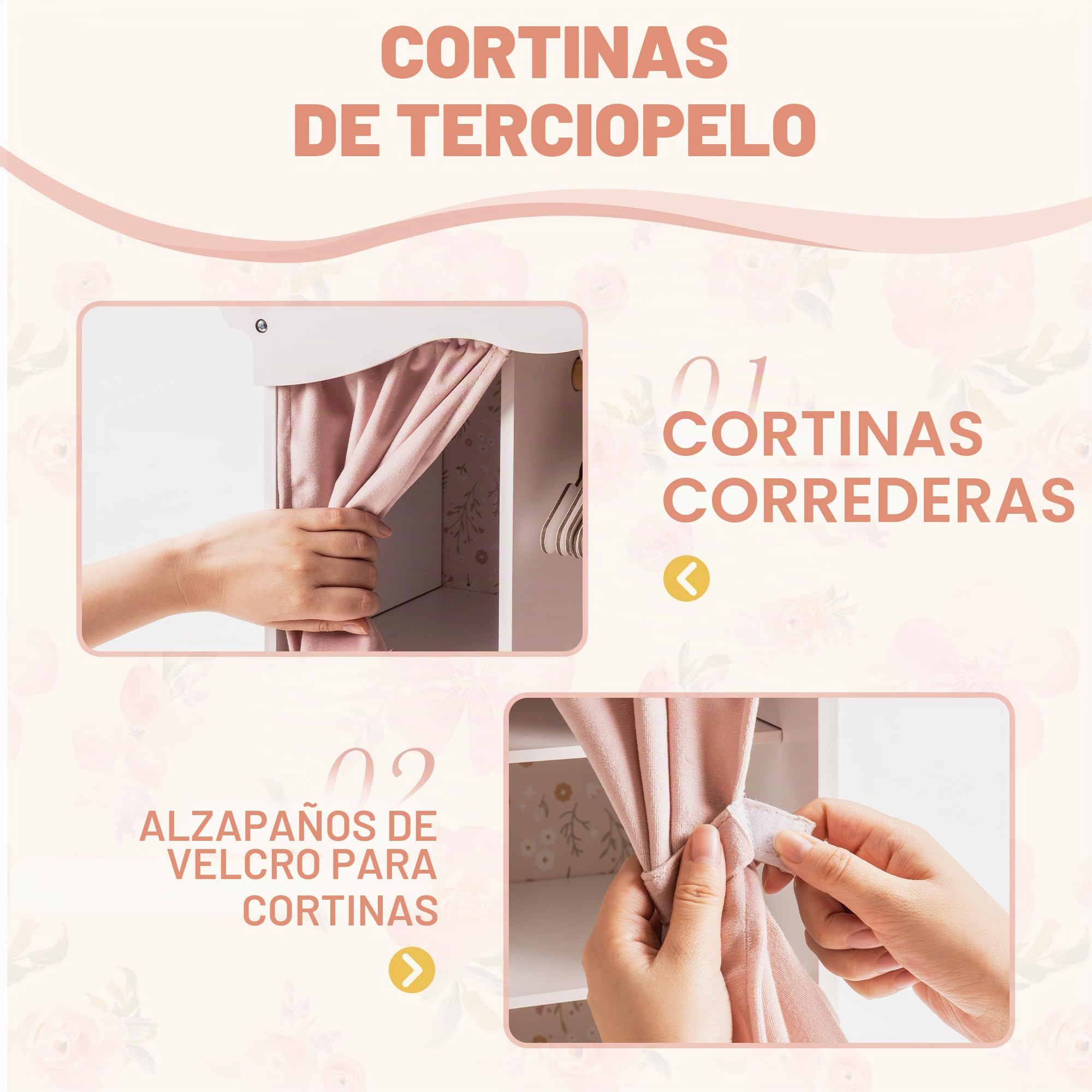 ROBUD Armario de madera para muñecas con espejo y 5 perchas para niños a partir de 3 años