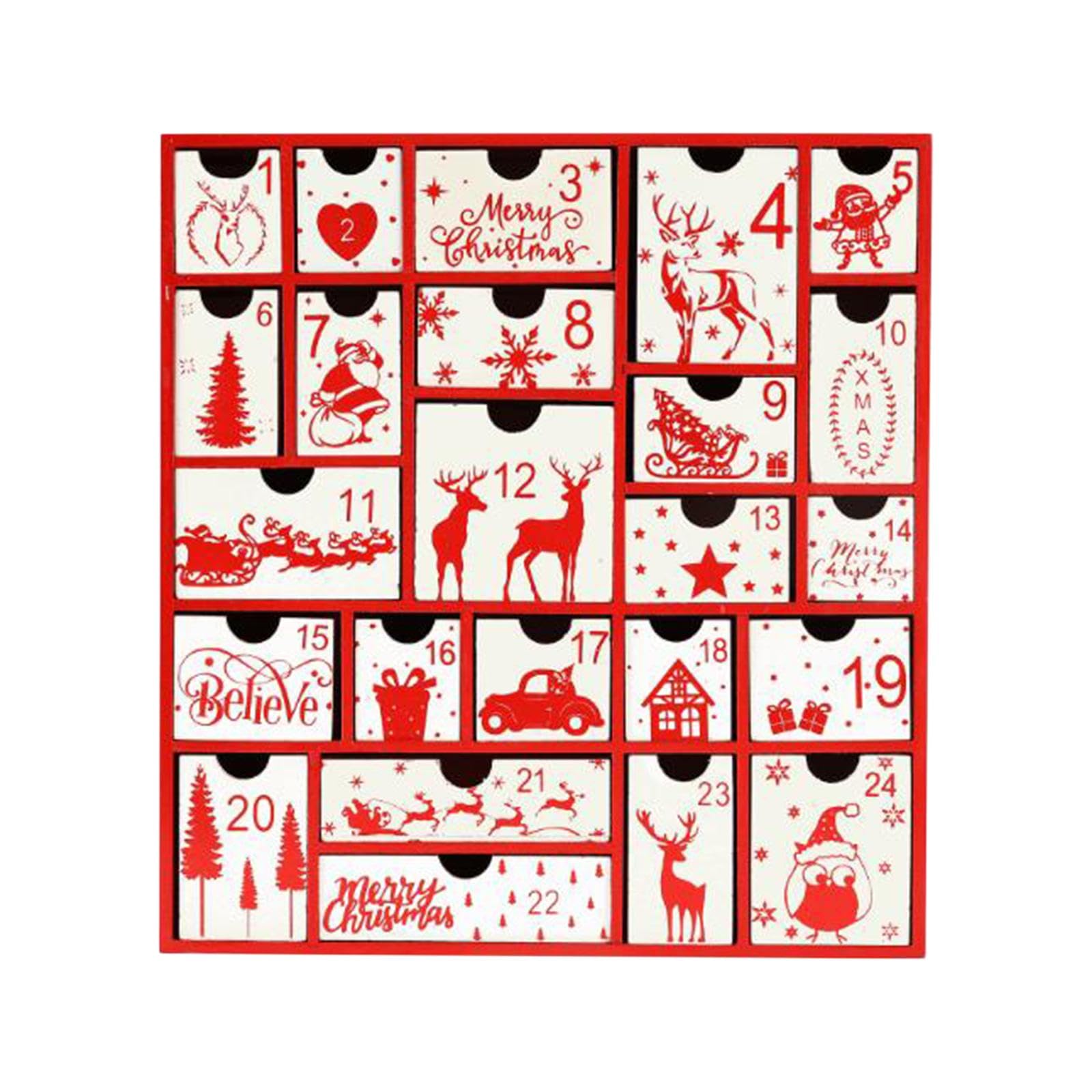 MERIGLARE Calendario de Adviento Caja Navidad Madera Vacía para Rellenar Sorpresas Decoración Tradicional Navideña Adecuado para Regalo Celebración en Casa, Rojo, Individual