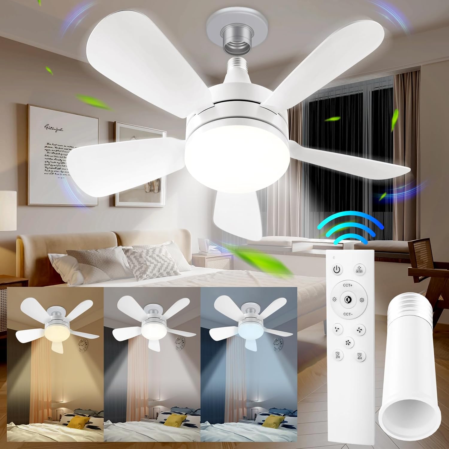 Socket Fan light E26/E27 Base with Remote,Adjustable speeds/ceilight with Fan,2H/4H Timer,40W,3000-6000K Brightness Dimmable,Ceiling Fan Replacement for Bedroom, Living Room, Kitchen White 17.72 inch