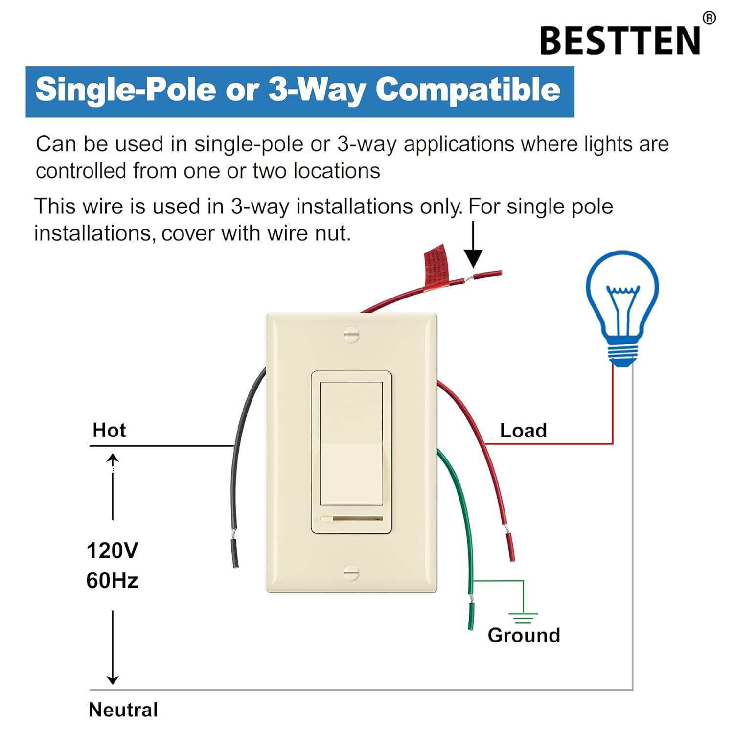 BESTTEN 2 Pack Almond Dimmer Wall Light Switch, Compatible with Dimmable LED, CFL, Incandescent and Halogen Bulb, Single Pole or 3-Way Dimmer Switches, 120VAC, Decorator Wall Plate Included