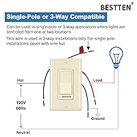 Vista 6 de BESTTEN Paquete de 2 interruptores de luz de pared con atenuador de almendra, compatible con LED regulable, CFL, bombilla incandescente y halógena
