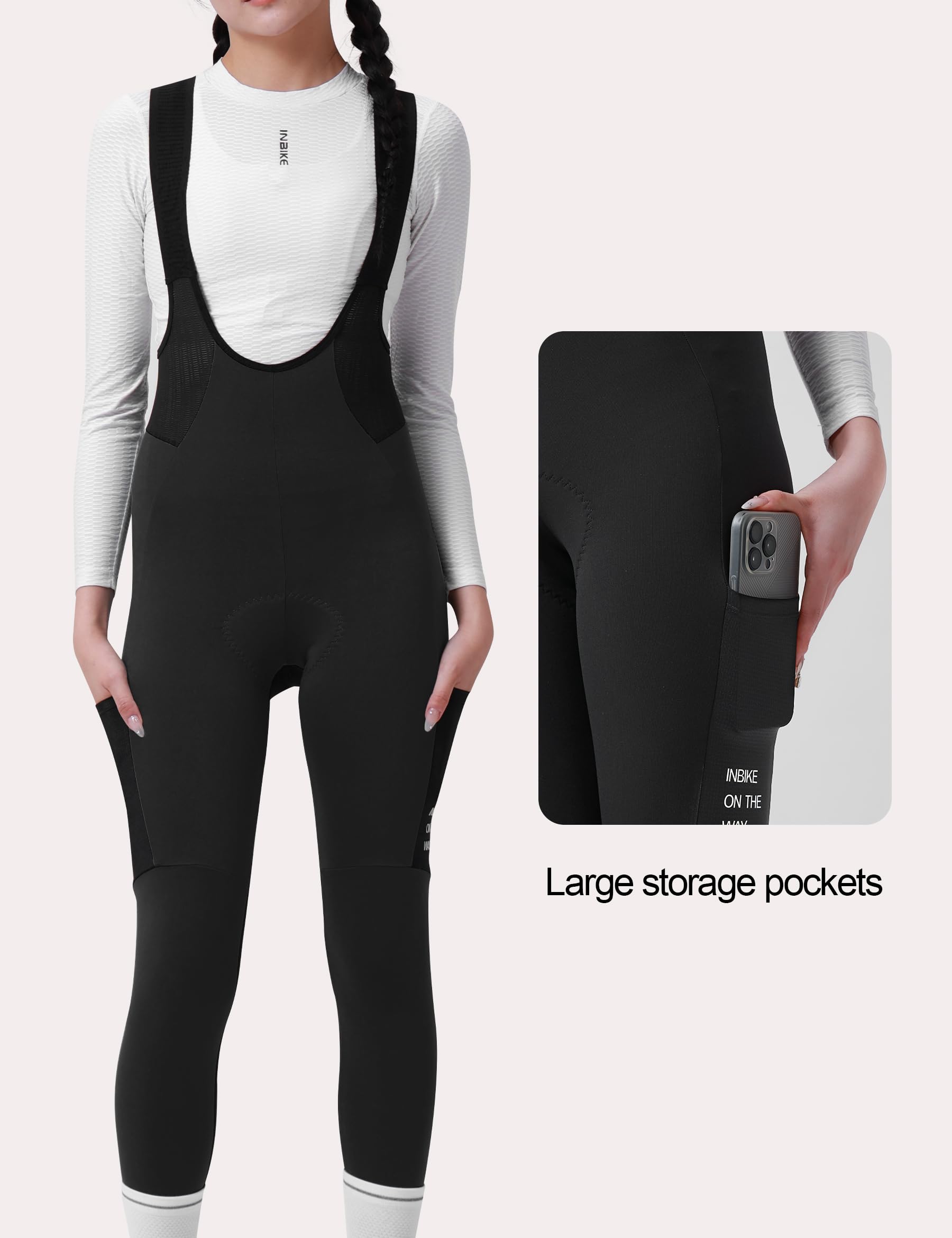 INBIKE Radlerhose Bib Fahrrad Hose Damen Lang Winter Thermo Gepolstert mit Taschen Fleece Reflektierendem Logo Atmungsaktiv Elastisch Komfortabel
