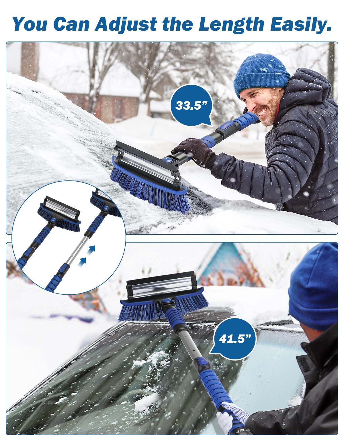 JOYTUTUS Brosse à neige extensible de 105 cm et grattoir à glace, brosse à neige pivotante à 270 ° pour pare-brise de voiture, grattoir à glace télescopique, poignée en mousse, déneigement robuste