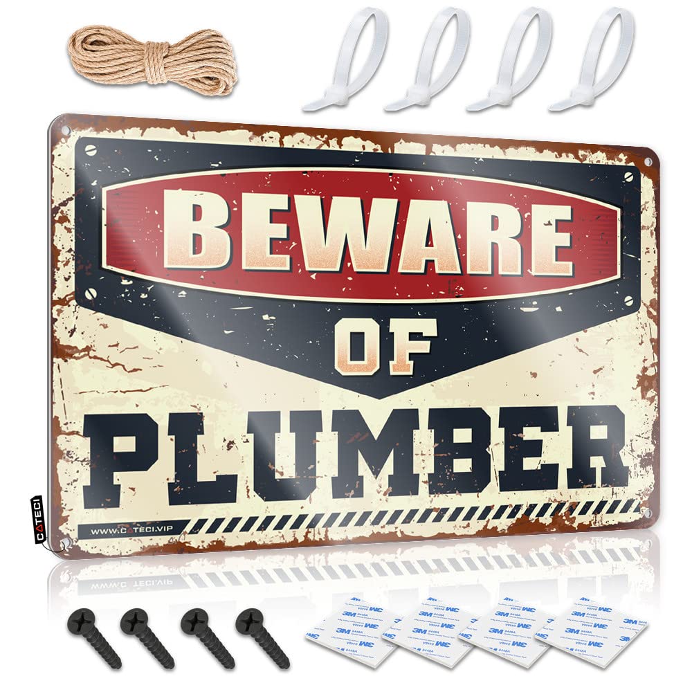 STWNVOITV Bar Funny Signs Beware Of Plumber Tin Sign Funny Garage Signs For Men Vintage Bar Decor(20X30CM)