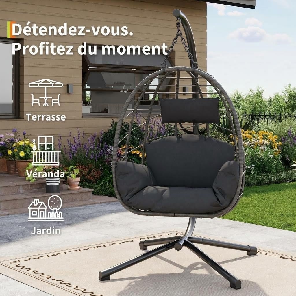 Fauteuil Suspendu en Rotin Synthétique avec Support – Chaise Œuf Suspendue avec Coussin Épais, Hauteur Réglable, Structure Stable en Métal, pour Jardin, Balcon, Terrasse, Salon Intérieur Et Extér