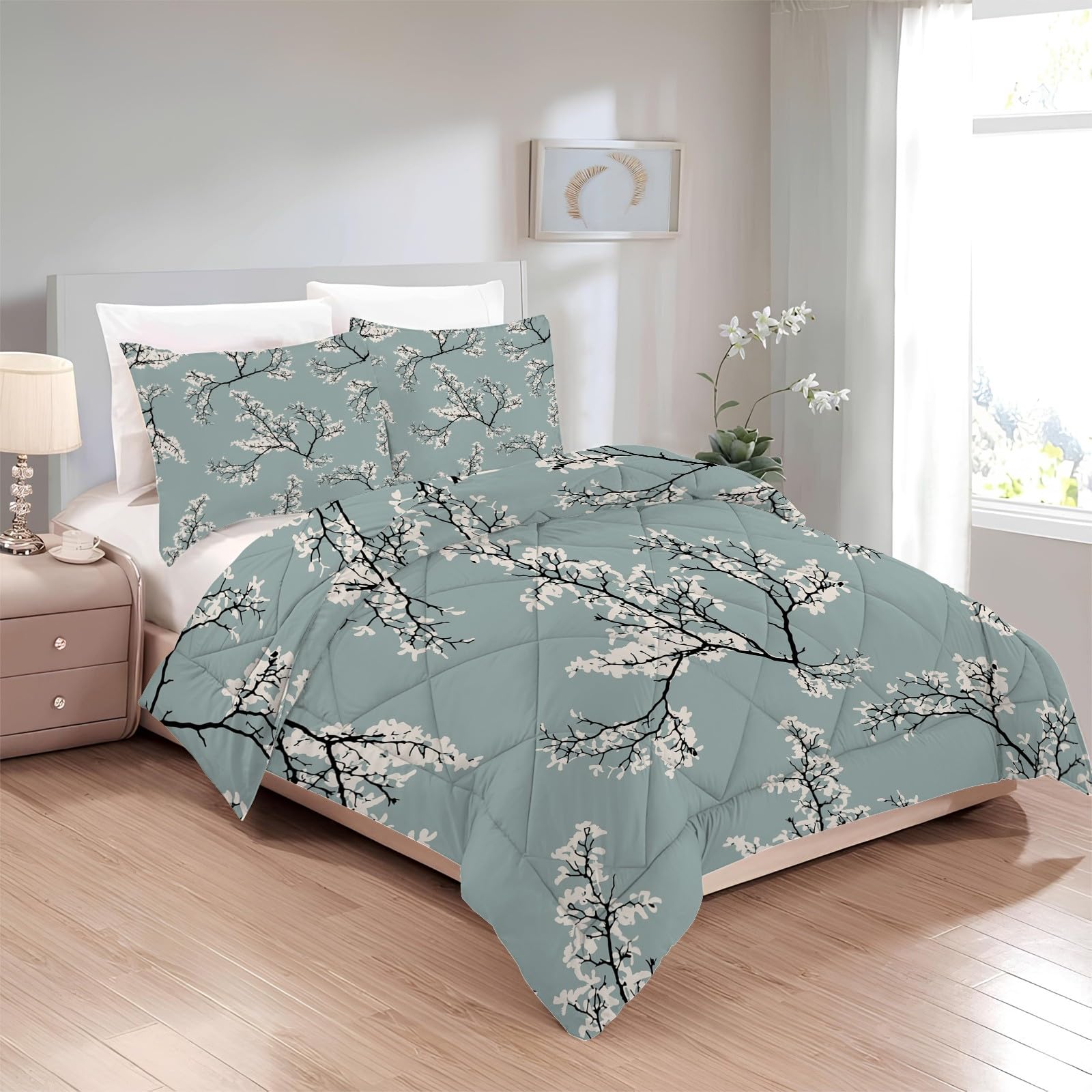 Couette 140x200 4 Saisons Ancien, Couette Imprimée Branche de Fleur, Couette 1 Personne Motif Floral, Lavable Couette sans Housse, Edredon Réversible avec 1 Taies d'oreiller G-373