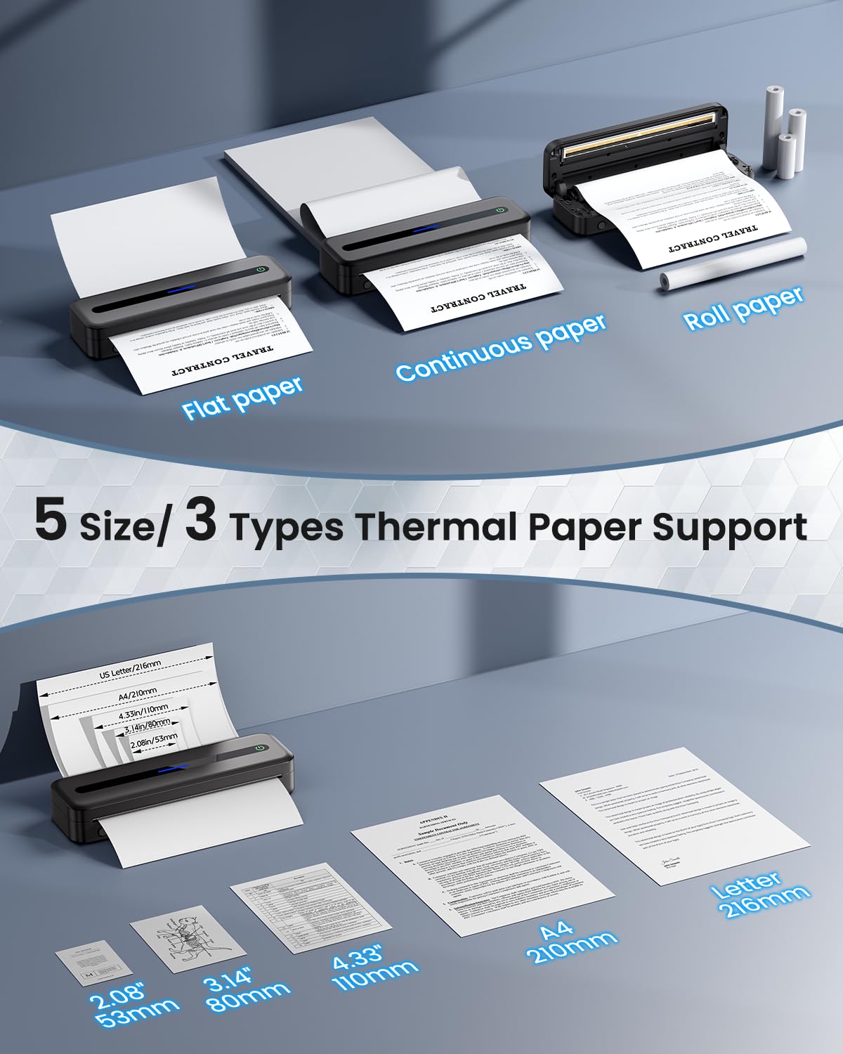Imprimante Thermique Portable A4 Bluetooth 300DPI Sans Encre Noir