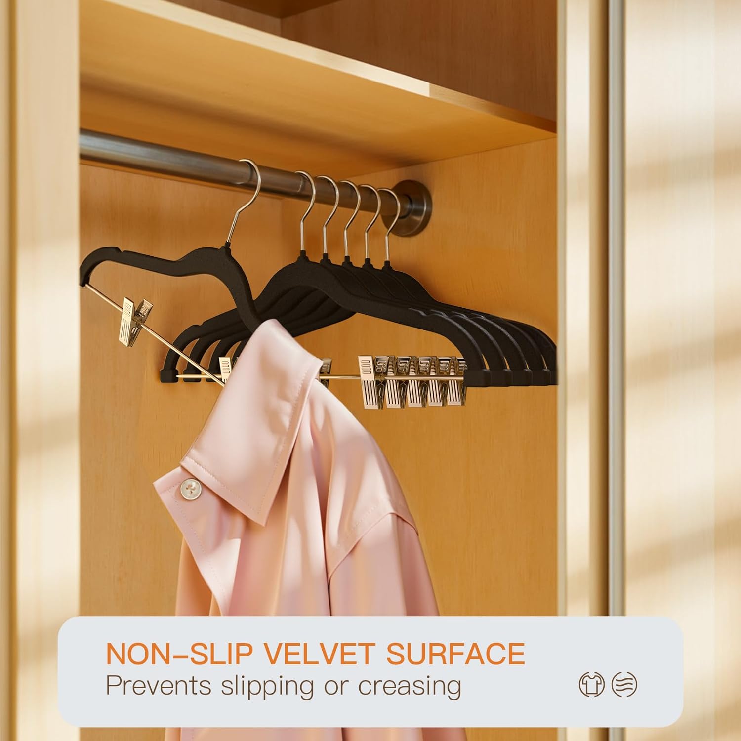 Flottian 24 Pack Black Velvet Pants Hanger,Velvet Hangers with Clips Adjustable,Space-Saving Slim Flocked Hanger,Heavy Duty Non Slip Hangers for Skirts,Coats,Pants,Dress - Image 4