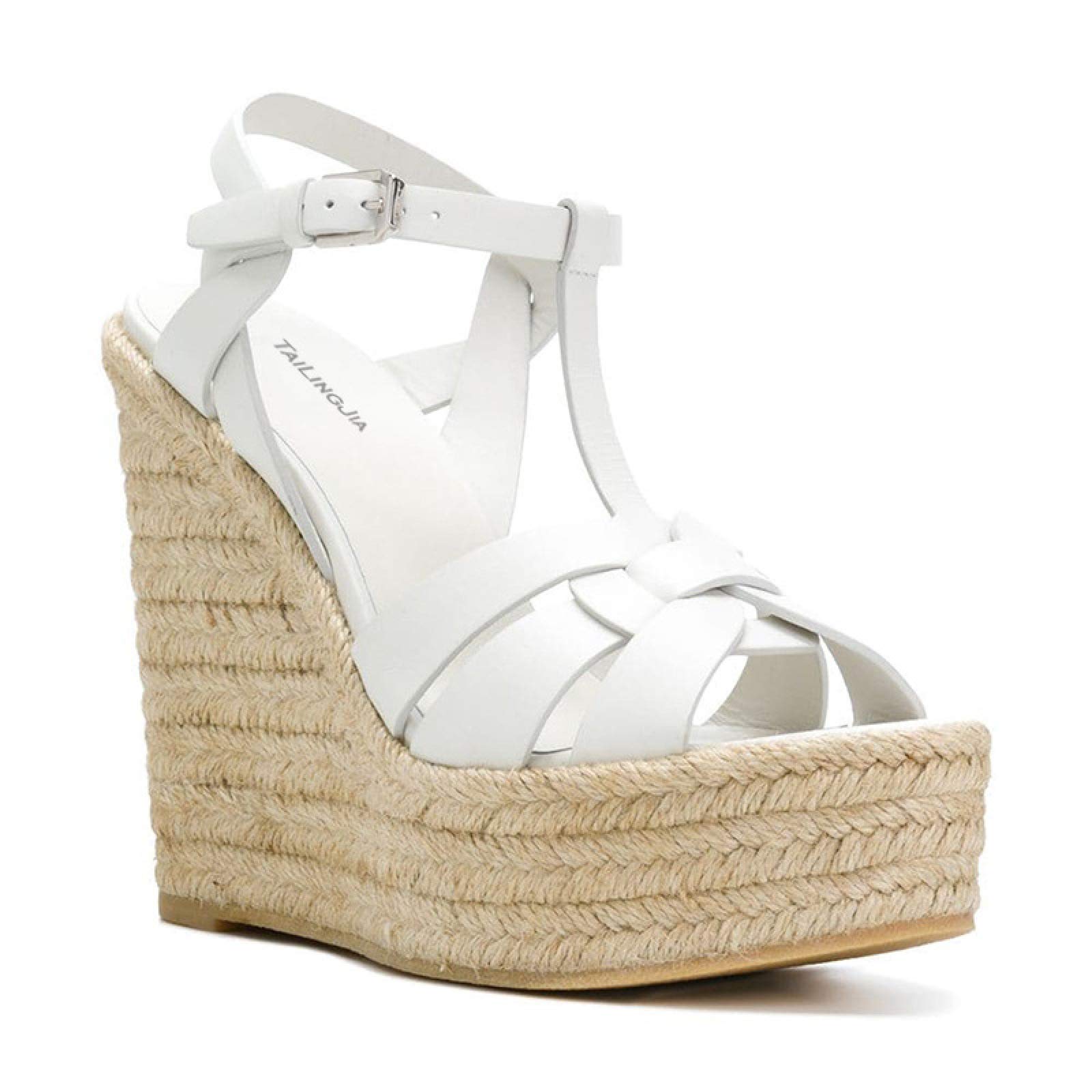 Talon Aiguille Talons Hauts 17CM Sandales PU Corde De Chanvre Wedge Platform Chaussures Personnalisées,White-38