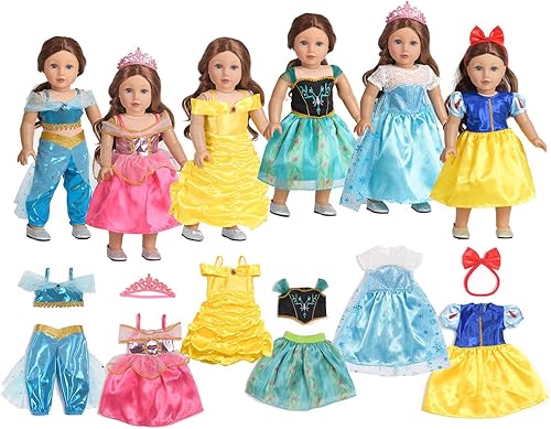 Miniatura 1 de Sweet Dolly Ropa de muñeca, 5 piezas, disfraz de muñeca de princesa, Jasmine Rapunzel Aurora Belle, vestido de muñeca para muñeca de 18 pulgadas