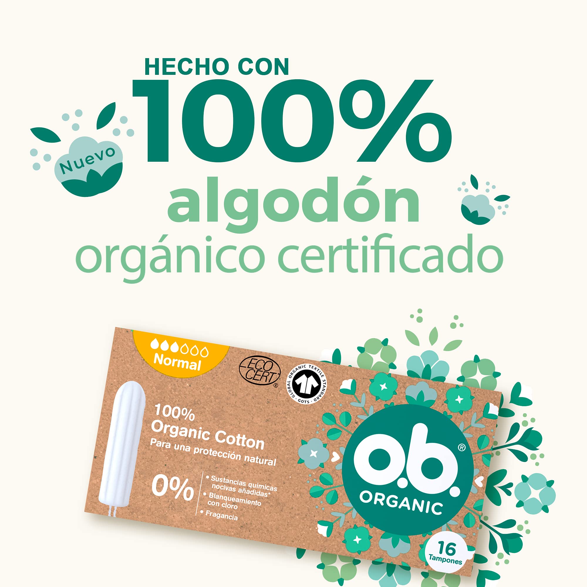 o. b. ORGANIC Tampony ze 100% bawełny organicznej (1 x 16 szt.), tampony bez aplikatora o normalnej chłonności, jednorazowe tampony wolne od szkodliwych substancji