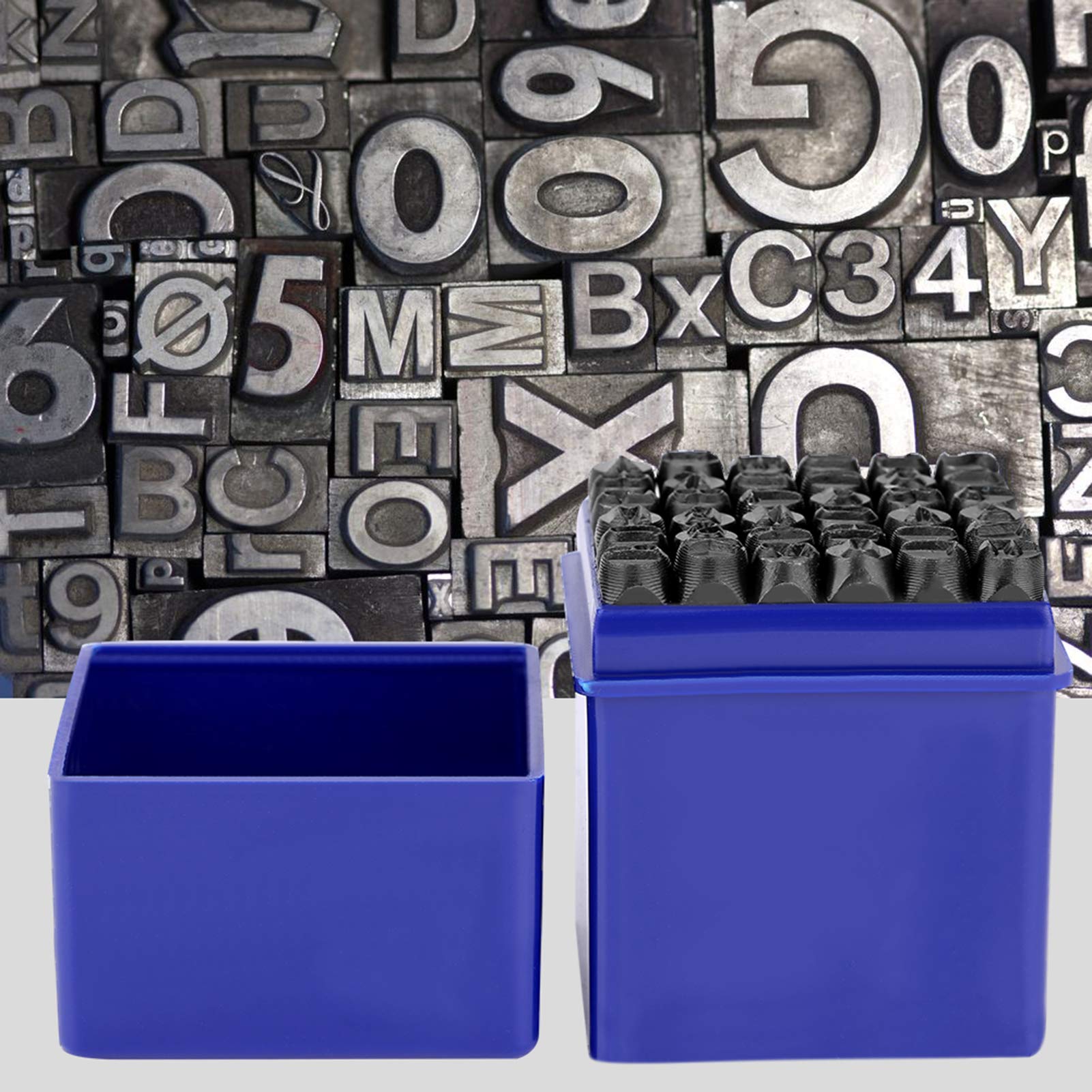 Poinçons à Frapper de Lettres et chiffres, Timbres de lettres de l'alphabet, poinçon de numéro en acier au carbone 36pcs 6mm, pour l'impression de marquage en métal bois cuir avec étui de rangement