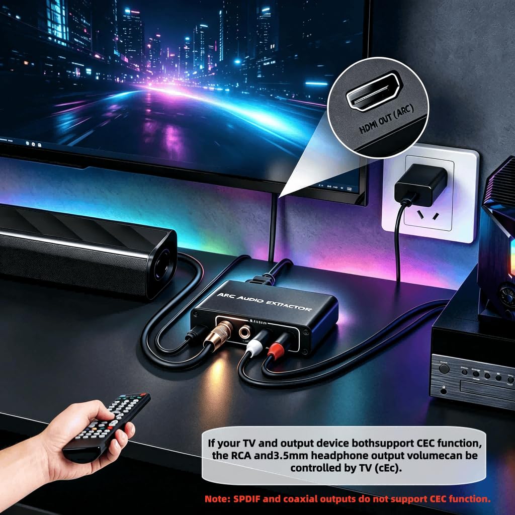 Extractor de audio HDMI ARC, adaptador de audio HDMI ARC de 192 KHz, divisor a TOSLINK SPDIF óptico + RCA L/R+ coaxial y analógico estéreo de 3,5 mm para barra de sonido HDTV-15 cm
