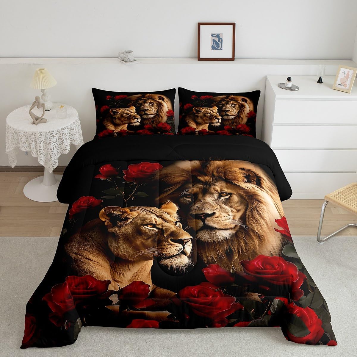 jejeloiu Lion Comforter Set Twin Size Rose Lion Bedding Set for Kids Boys Girls Safari Print Duvet Quilt 3D Wild Animal Pattern Bedroom Decor Microfiber 2 Pcs with 1 Pillow Cases - Image 2