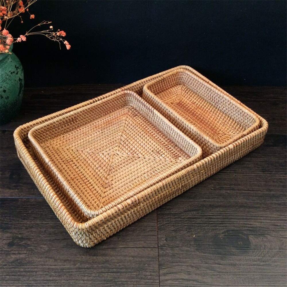 Bandeja Rectangular, Bandeja de ratán, Bandejas for Servir de ratán Tejido (Paquete de 3), Color Natural, Varios tamaños
