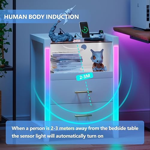 Miniatura 7 de Mesita de noche con estación de carga, luces LED, mesita de noche con estante extraíble y 2 cajones, mesita de noche con mesa de vidrio templado,