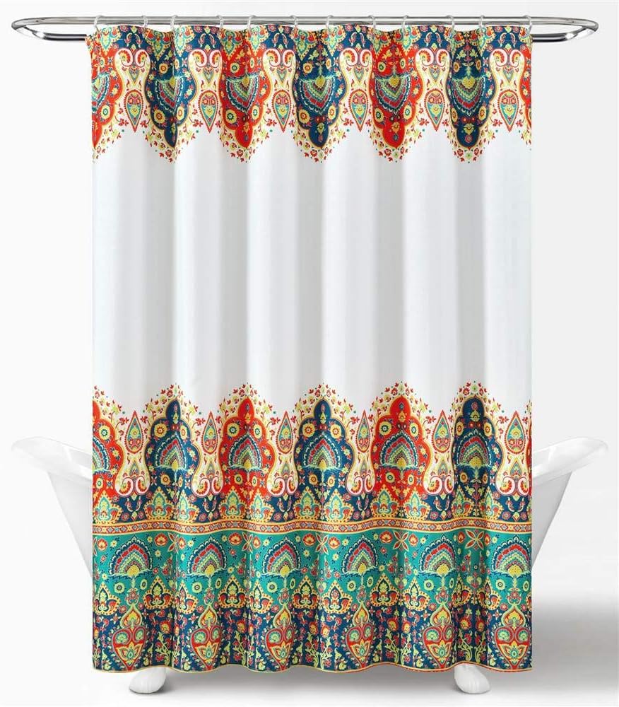 Lush Decor Bohemian Meadow Shower Curtain with Liner and Rings 14 Piece Set 72" W x 72" L Navy - Boho Shower Curtain Set - Colorful Bathroom Curtains