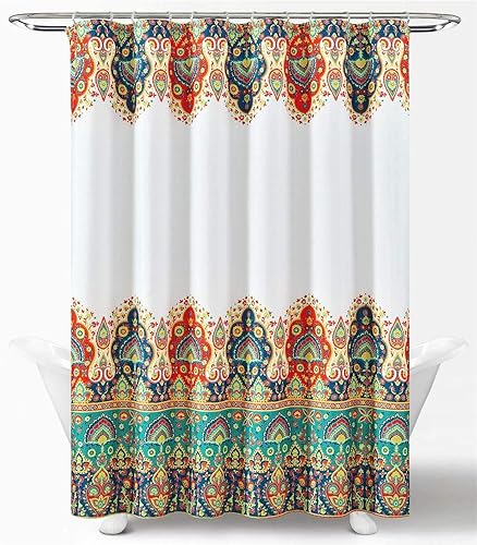 Lush Decor Cortina de ducha de poliéster bohemio naranja y turquesa con forro y anillos (72 x 72 pulgadas)