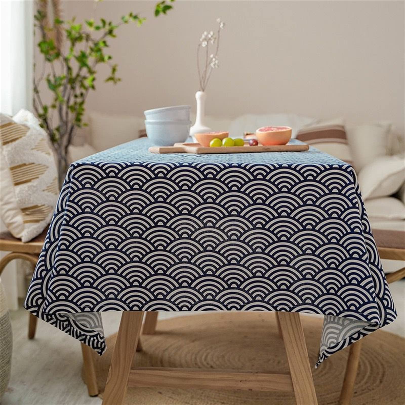 Bawełniany lniany obrus w stylu japońskim zmywalny prostokątny błękitny morski falujący domowy stolik kawowy kominek osłona kuchenki mikrofalowej(Checkered,140x240 cm)