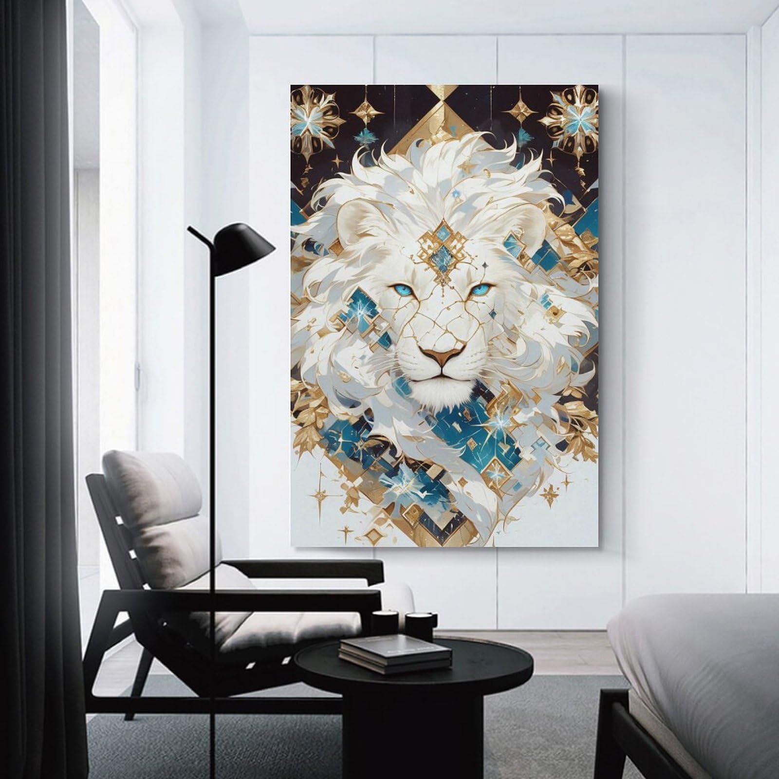 Junmoney Albino Lion with Geometric Ornamentation Hanging Wall Art 20x30inch(50x75cm), for Gallery Wall Decor And Room Displays, A Versatile Canvas Print for Layering
