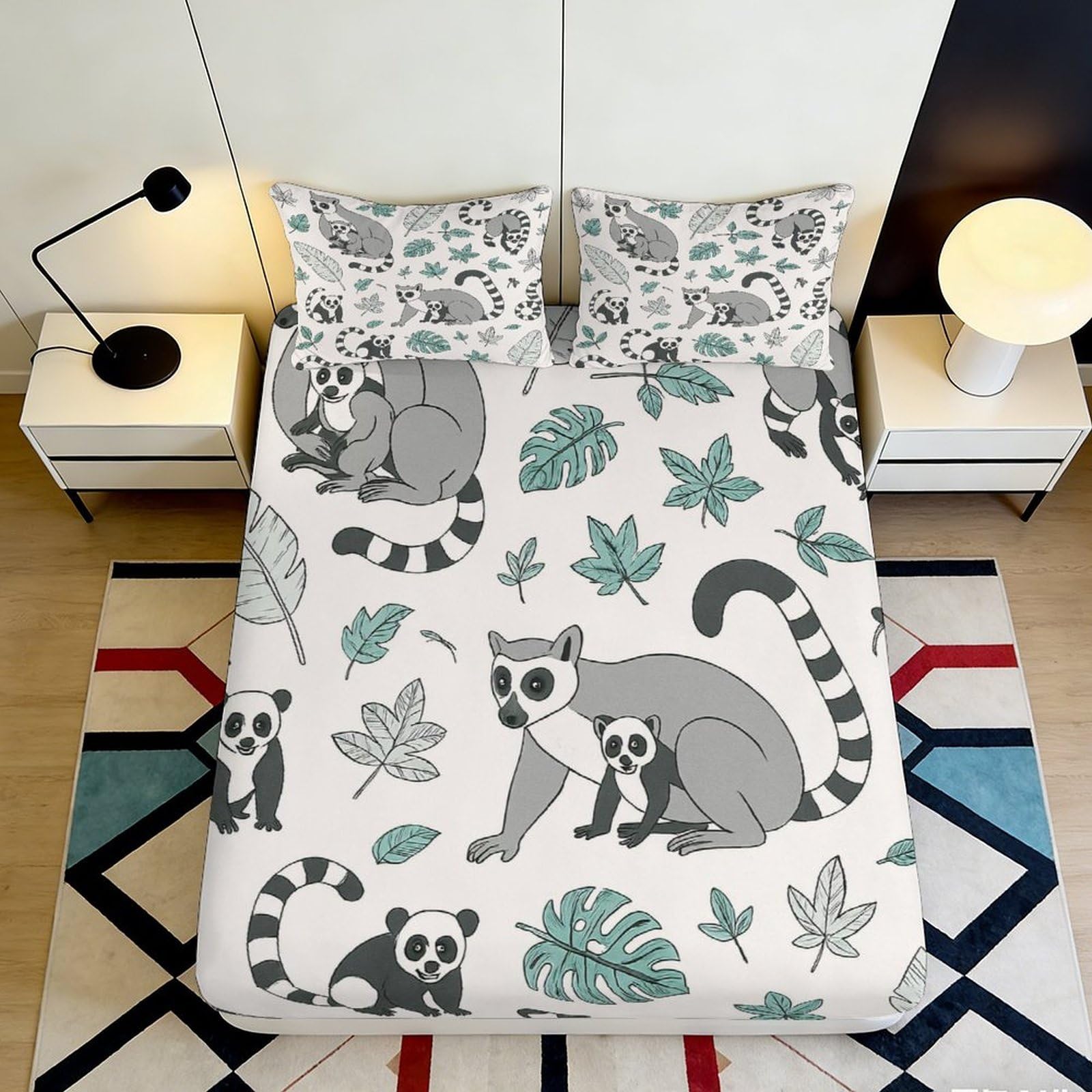 3D Printed Lemur Leaves Pattern Fitted Sheet Microfiber Deep Pocket Non-Slip Botanical Mattress Fitted Cover for Bedroom Bedding 140x200x25cm