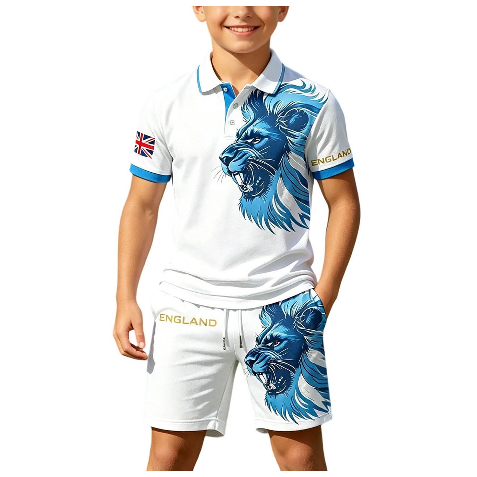Kids England Football Shirt 2026 Boys Short Sleeve Collared Breathable Lightweight Polo Shirts Football Kit Set Gym Shorts and T-Shirt Training Daily (White, 9-10)