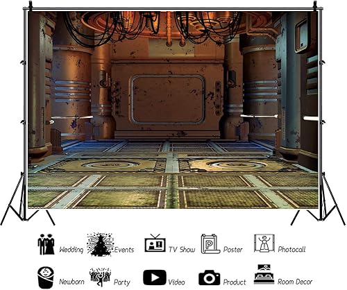 Miniatura 5 de DORCEV Fondo de fotografía interior de nave espacial de 10 x 8 pies, fondo de ciencia ficción, espacio de almacén, pasillo, estación espacial,