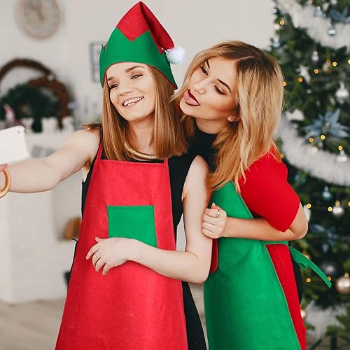 Miniatura 3 de SATINIOR Juego de delantal y sombrero de elfo navideño de 8 piezas para suministros de disfraces de fiesta de Navidad (colores frescos)