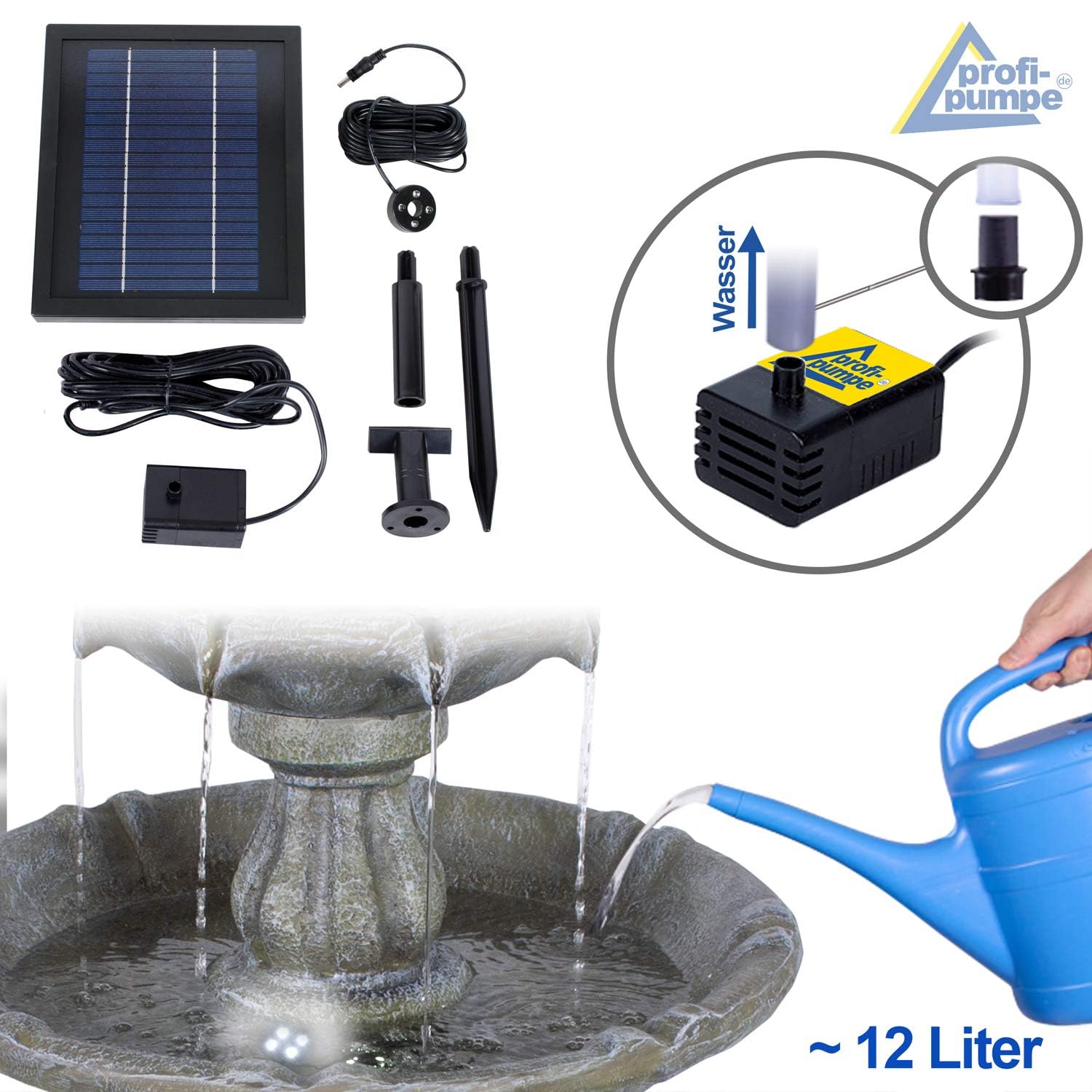 Fuente de jardín Fuente Solar Jardín clásico con batería de Iones de Litio y luz LED Fuente Baño de pájaros Cascada