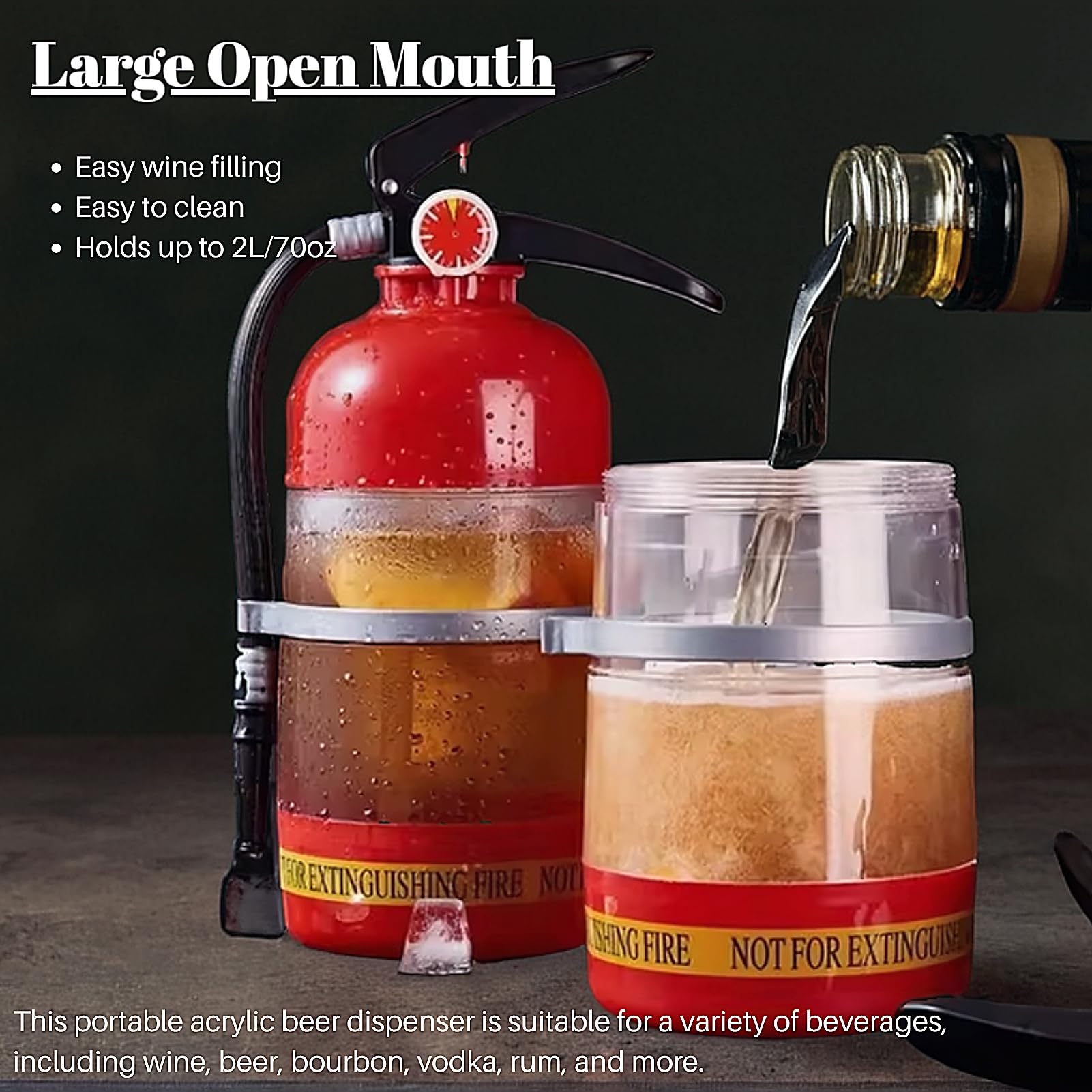 Dispensador de licor divertido con forma de extintor, dispensador de licor de 2L/70 onzas, dispensadores de bebidas para vino, licores, cerveza y bebidas 3