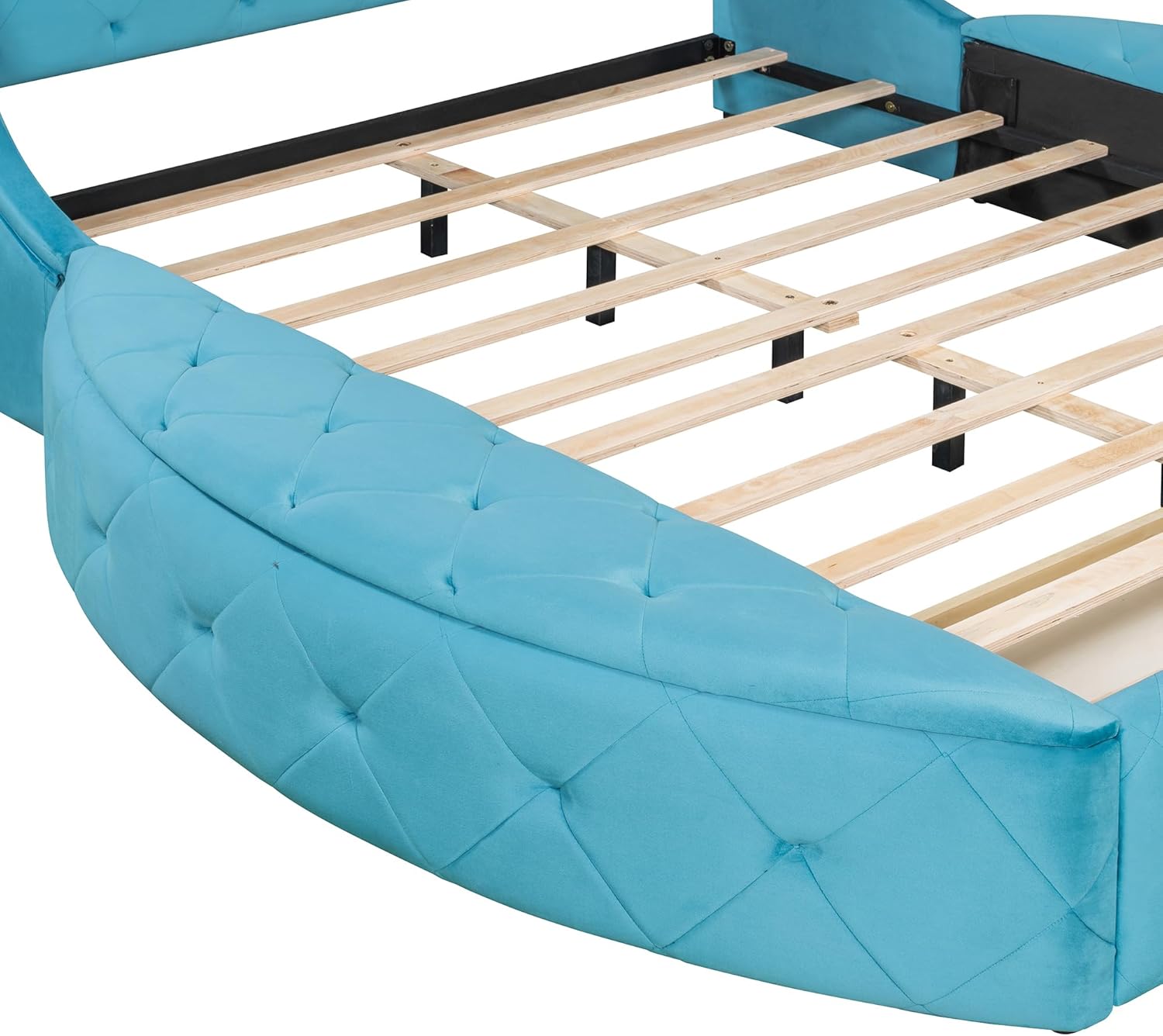 Bellemave Velvet Upholstered Queen Platform Bed with Storage, Queen Size Bed Frame with Headboard, 1 Big Drawer and 2 Side Storage Stool, Strong Wooden Slats/Easy Assembly (Blue)