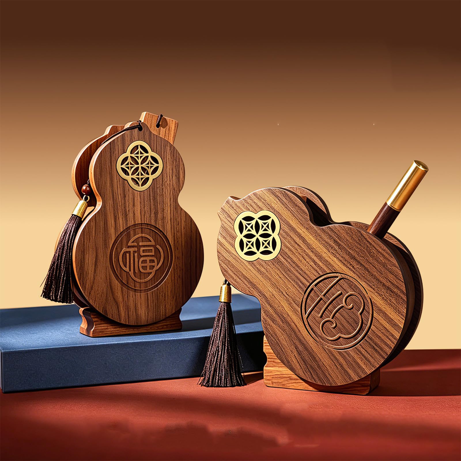 Set portapenne da scrivania in legno con segnalibro e penna, A | Organizer ispirazione cinese con aspetto legno per scrivanie da studio e da lavoro