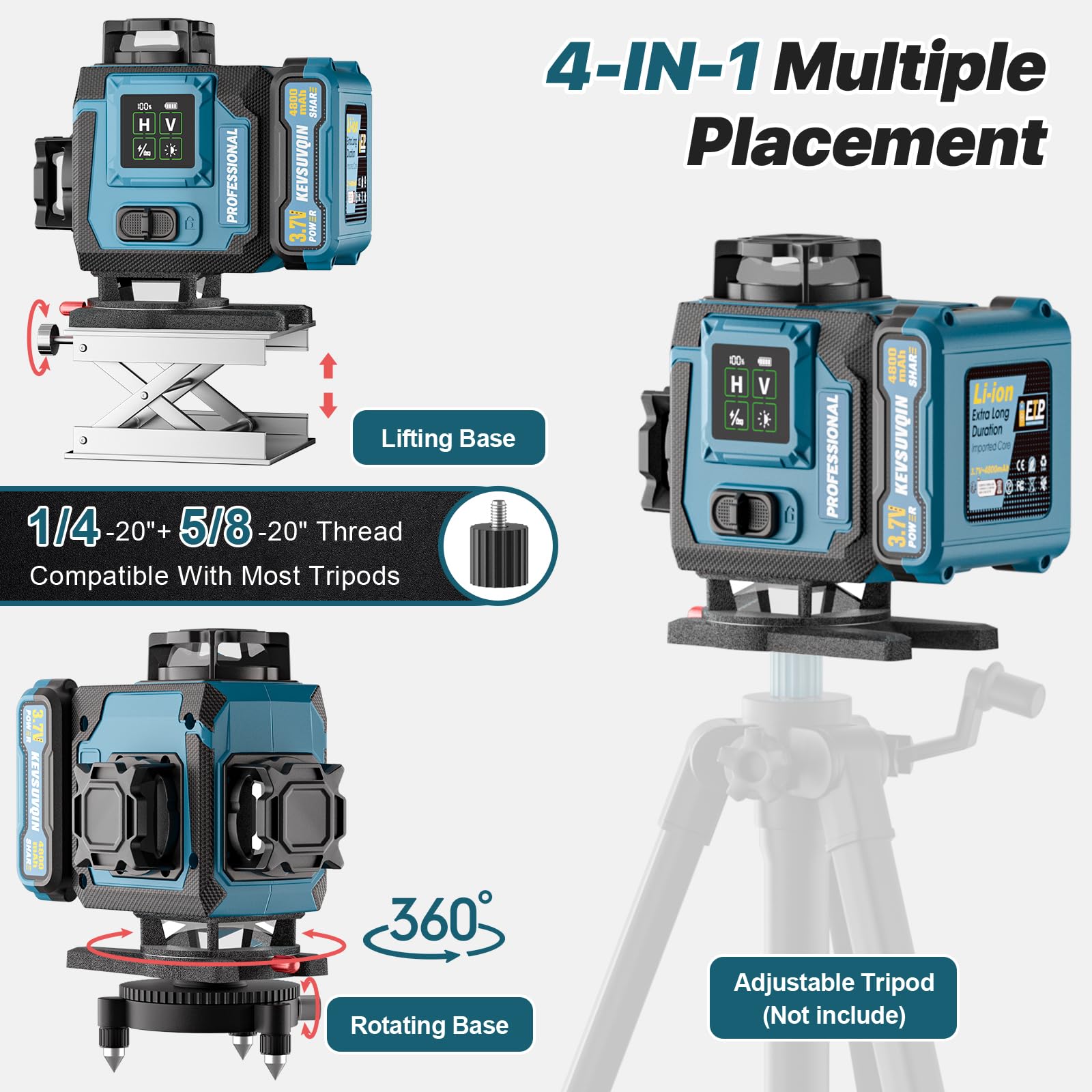 Niveau Laser 4x360°, Laser Chantier avec 2x4800mAh Batterie & Grand écran LED, 4D 16 Lignes Niveau Laser 360 Autonivelant/APP/Télécommande/IP54 Étanche et Anti-Poussière pour la construction