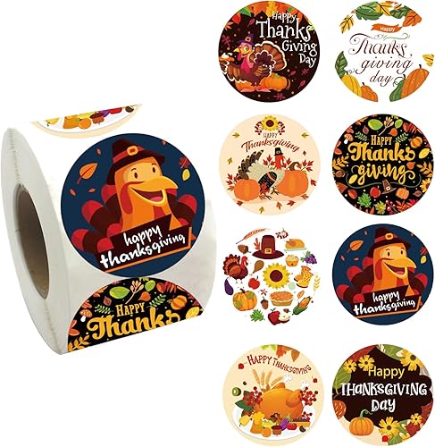 500 calcomanías en rollo de Acción de Gracias, calcomanías de rollo de día de pavo, calcomanías amarillas de hojas de otoño, calcomanías de lindo