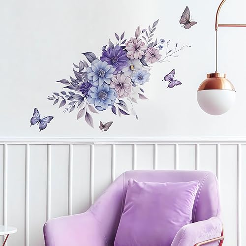 Miniatura 4 de Calcomanías de pared de flores de margaritas azules y moradas, calcomanías de pared de sacinora acuarela, crisantemo, mariposa, arte floral, vinilo