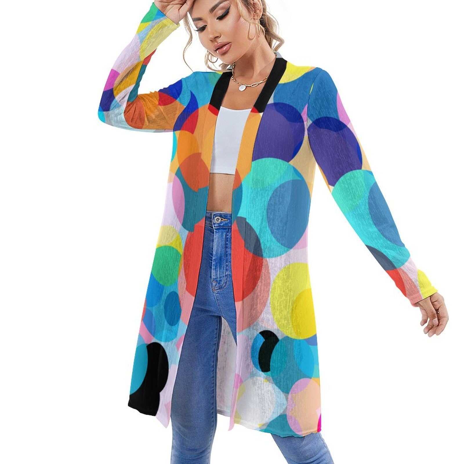 Womens Long Sleeves Open-Front Sheer Knit Outerwears Top Colorful Polka Dot Knee Length Fashion Cardigan