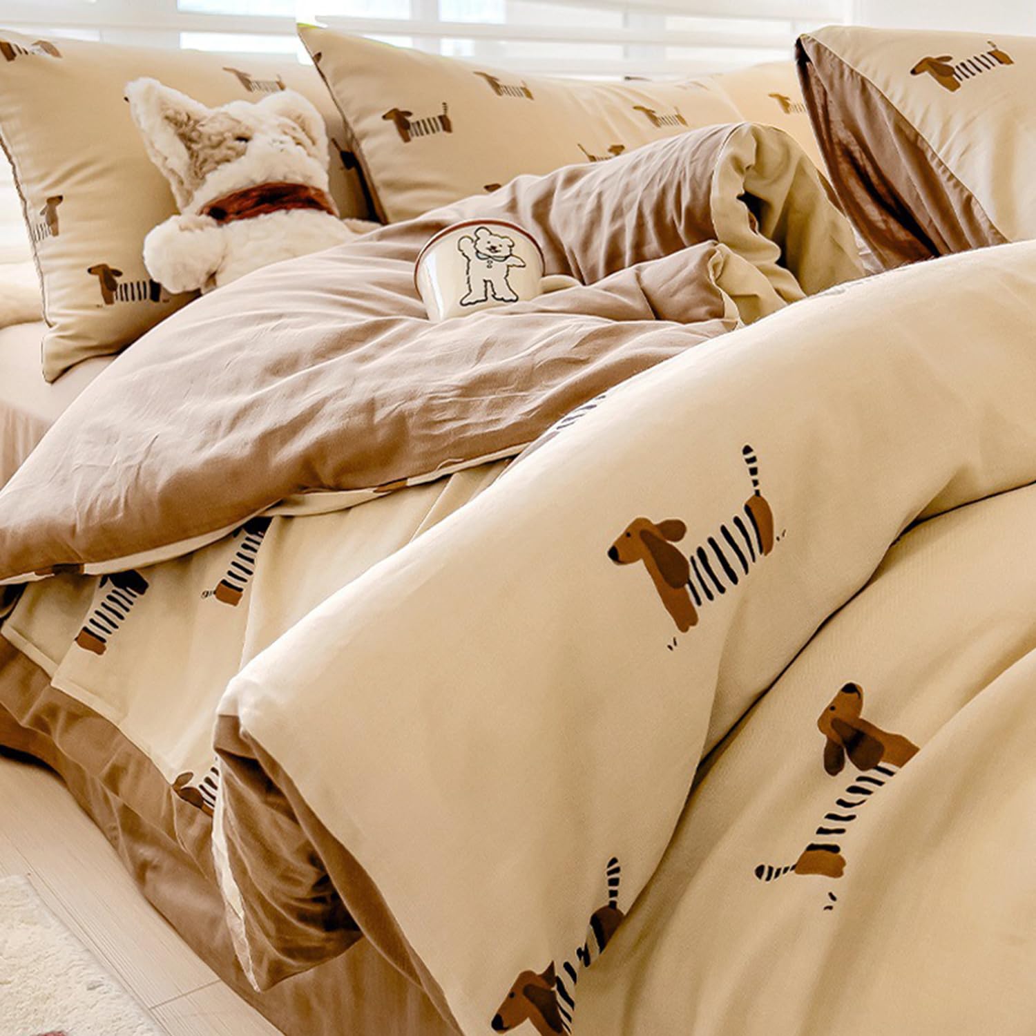 Duvet Cover Set Queen Brown Dachshund Reversible Bedding Set