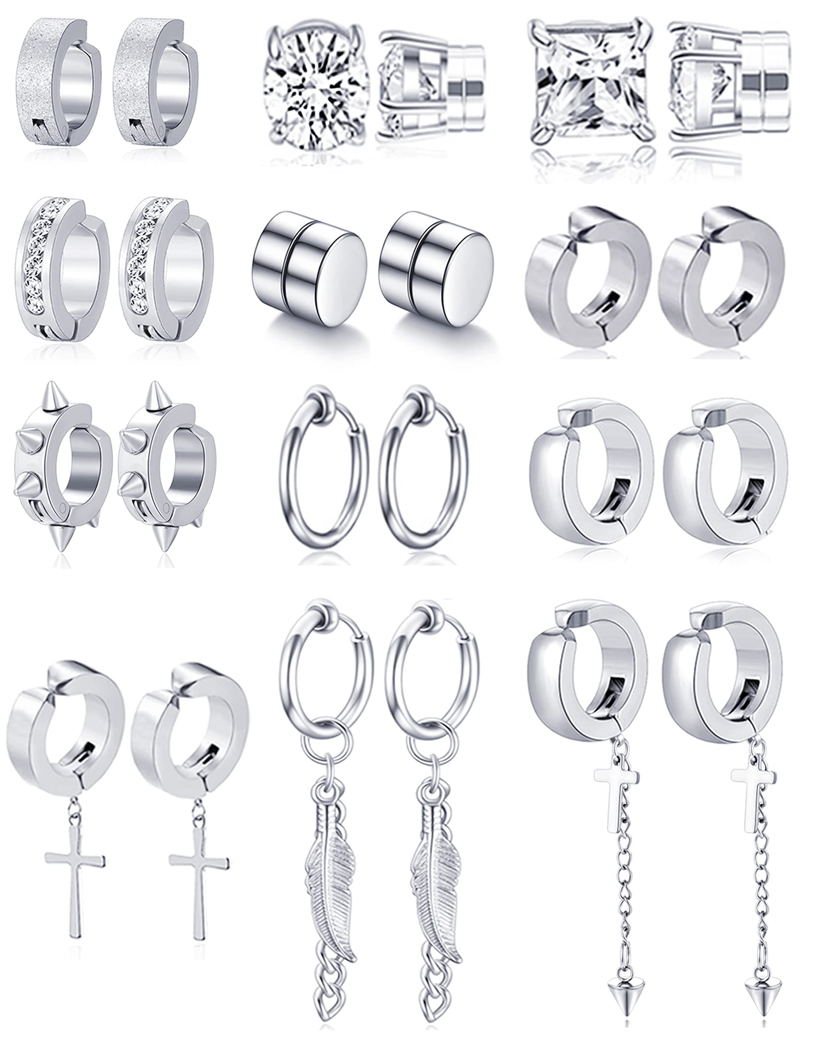 12 Pairs Magnetic Stud Earrings Stainless Steel CZ Hoop Punk Feather Dangle Hinged Non-Piercing Earrings Clip on Magnet Earring Set for Women Men Silver Plated