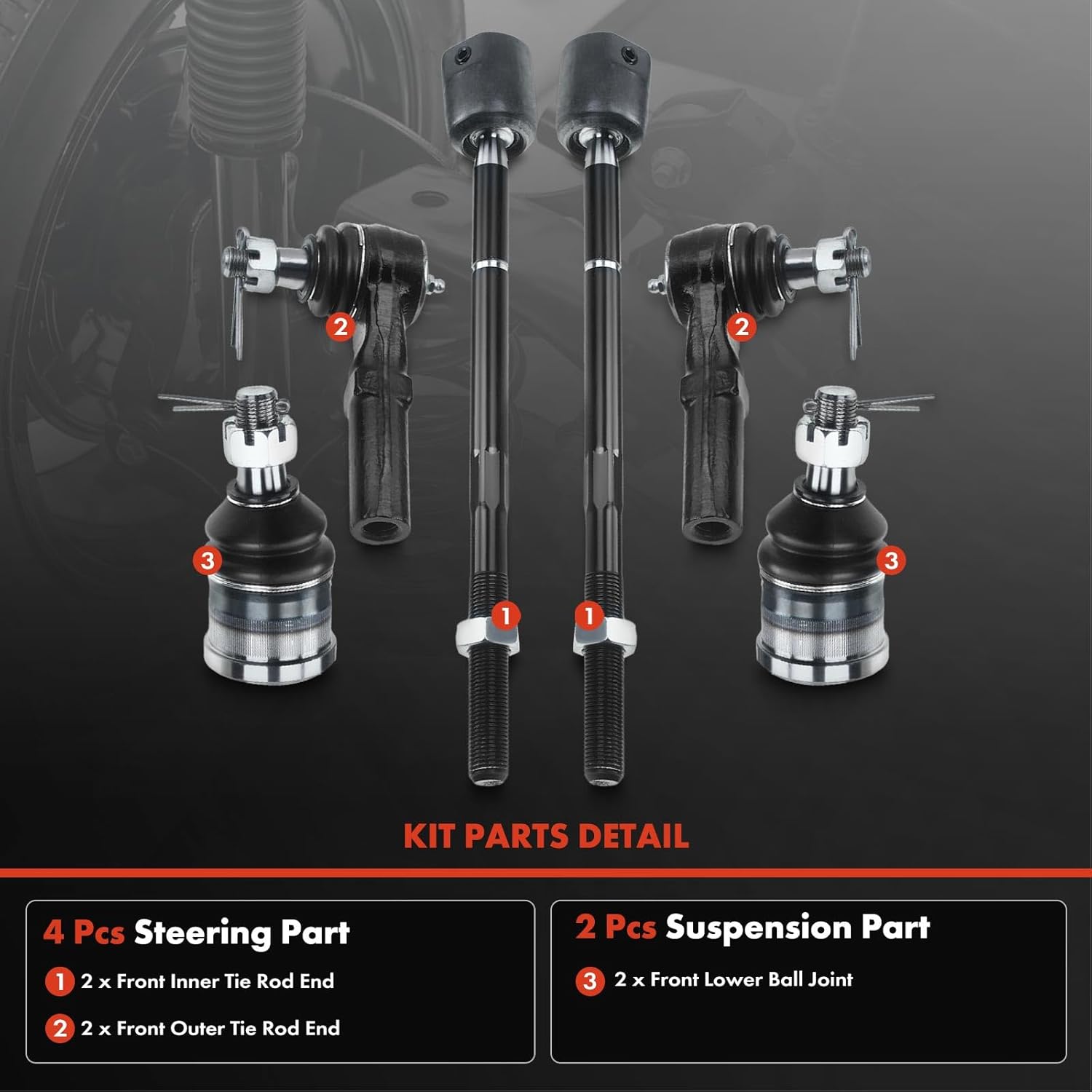 A-Premium Set of 6, Front Lower Ball Joint, Inner & Outer Tie Rod End, Compatible with Dodge Dakota 1991-1996