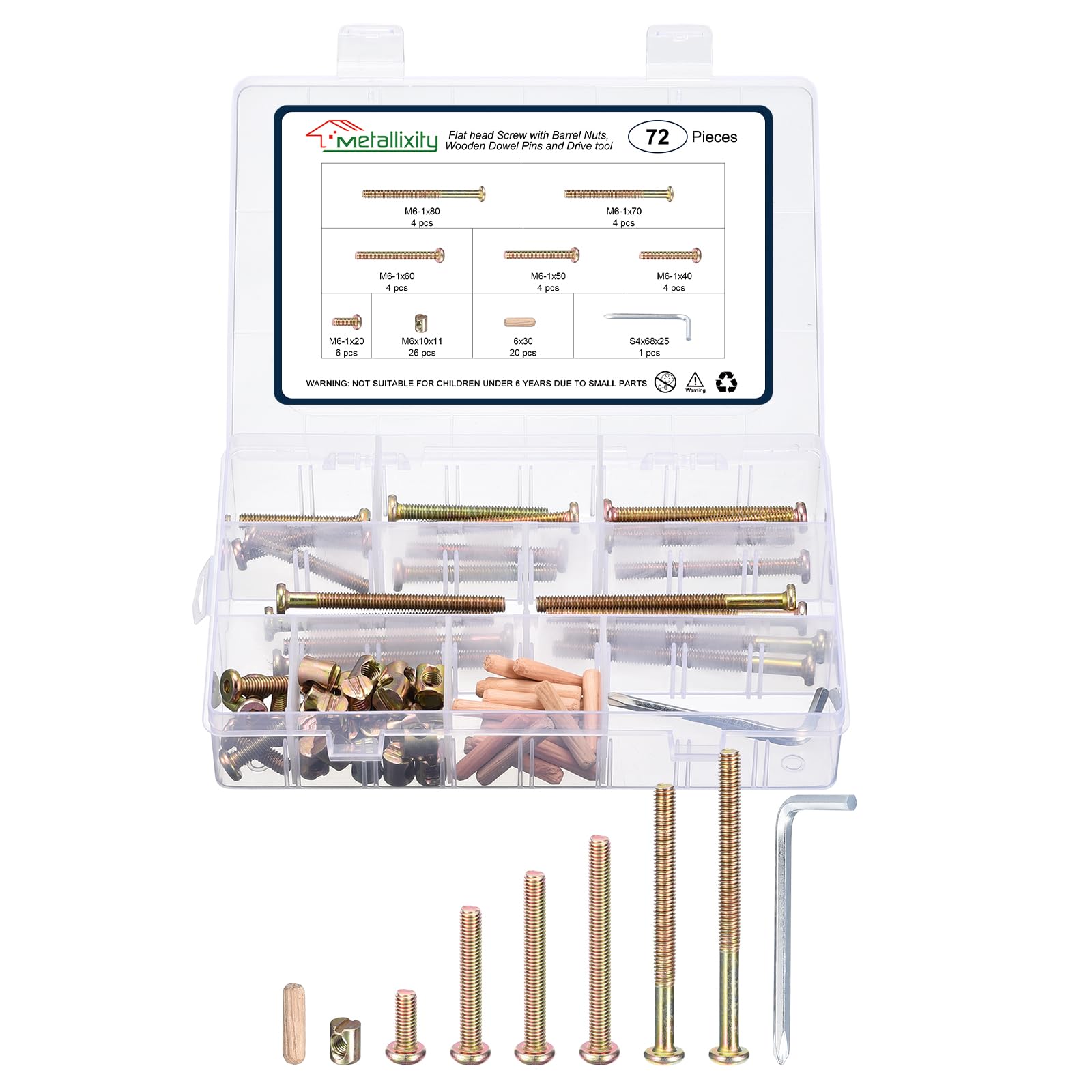 METALLIXITY Crib Screws Replacement Set(M6-1x20/40/50/60/70/80mm) 72Pcs, Carbon Steel for Beds Headboards Chairs Furniture, Yellow โ image 1