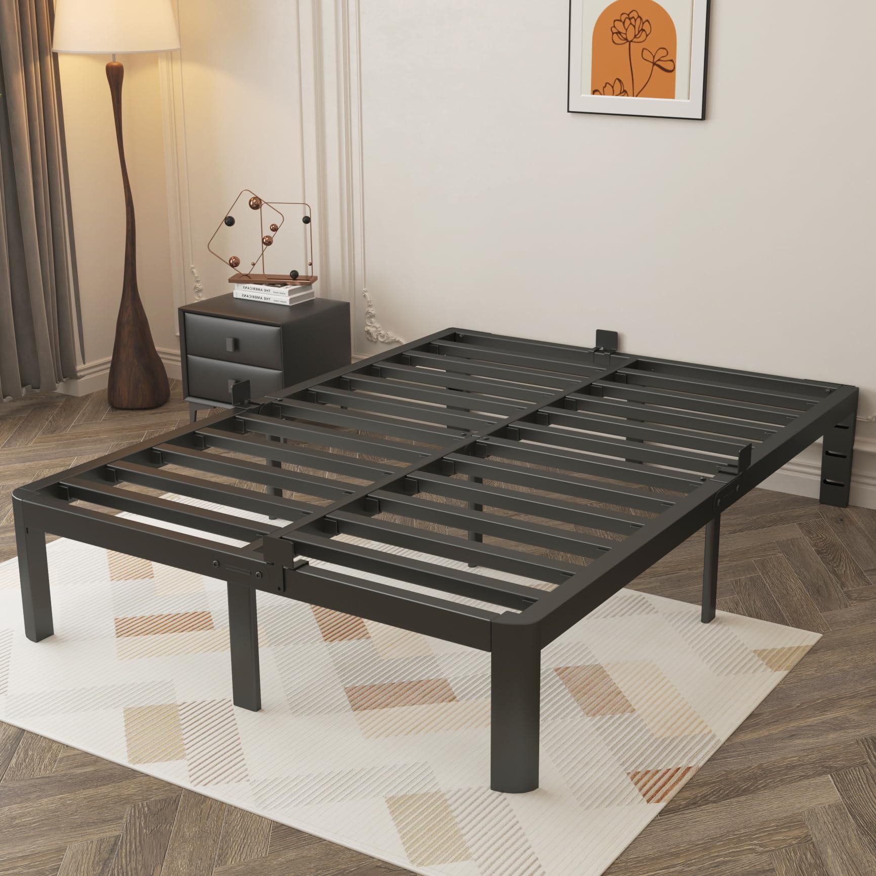 Lit double 140x200 cm noir avec grand rangement sous le cadre de lit