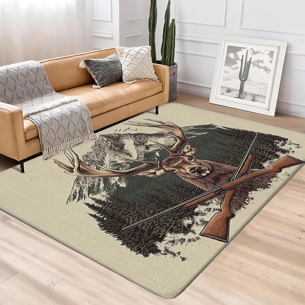 Custom Deer Hunting Rug, Wildlife Moutain Forest Deers Runner Rug, Camo Carpet Area Rug Ultra Soft for Boys Room Decor Living Room Farmhouse Mat for Entryway Indoor Outdoor (DEER-DS01)