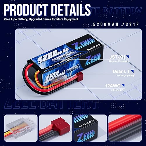 Miniatura 5 de Zeee Batería Lipo de 7.4V 2S 50C 5200mAh Hard Case T Connector Paquete de 2 con batería 3S Lipo 5200mAh 11.1V 80C Estuche rígido Batería Conector T