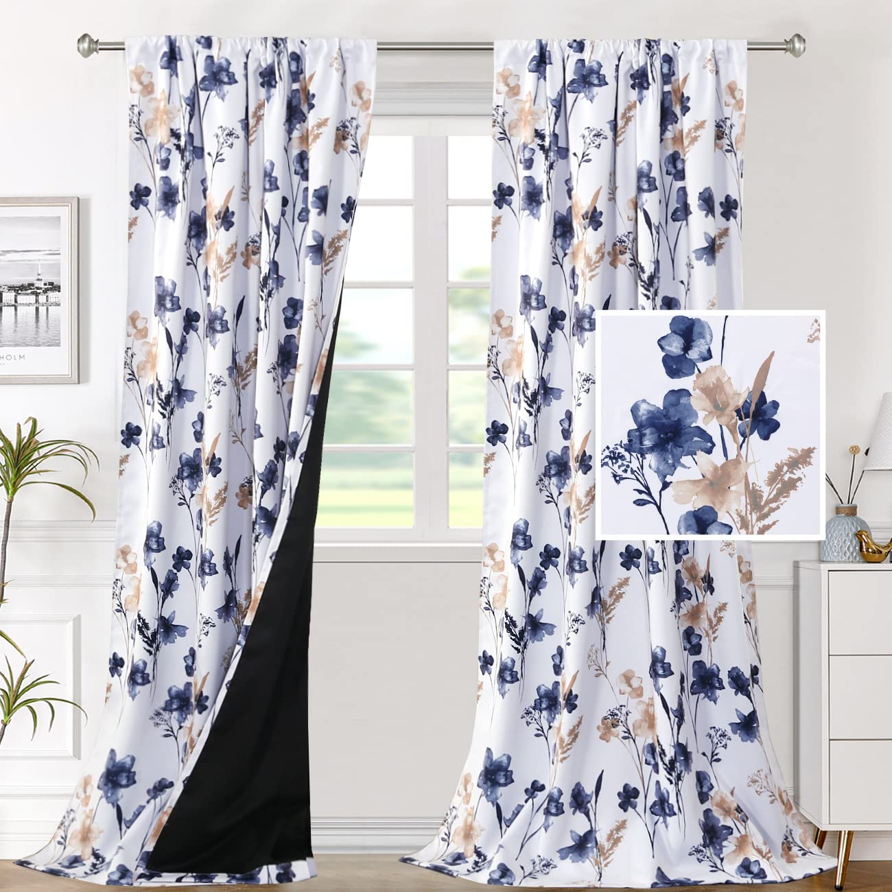 H.VERSAILTEX 100% Blackout Curtains for Bedroom Cattleya Floral Printed Drapes 96 Inches Long Leah Floral Pattern Full Light Blocking Drapes with