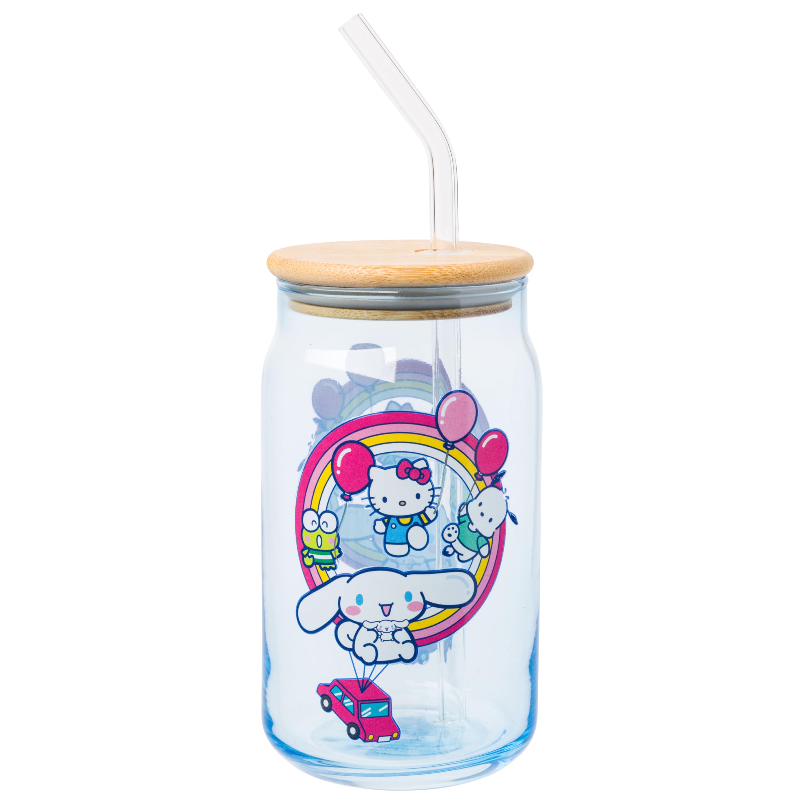 Silver Buffalo Hello Kitty and Friends Car Float 16oz Glass Tumbler w Bamboo Lid and Glass Straw