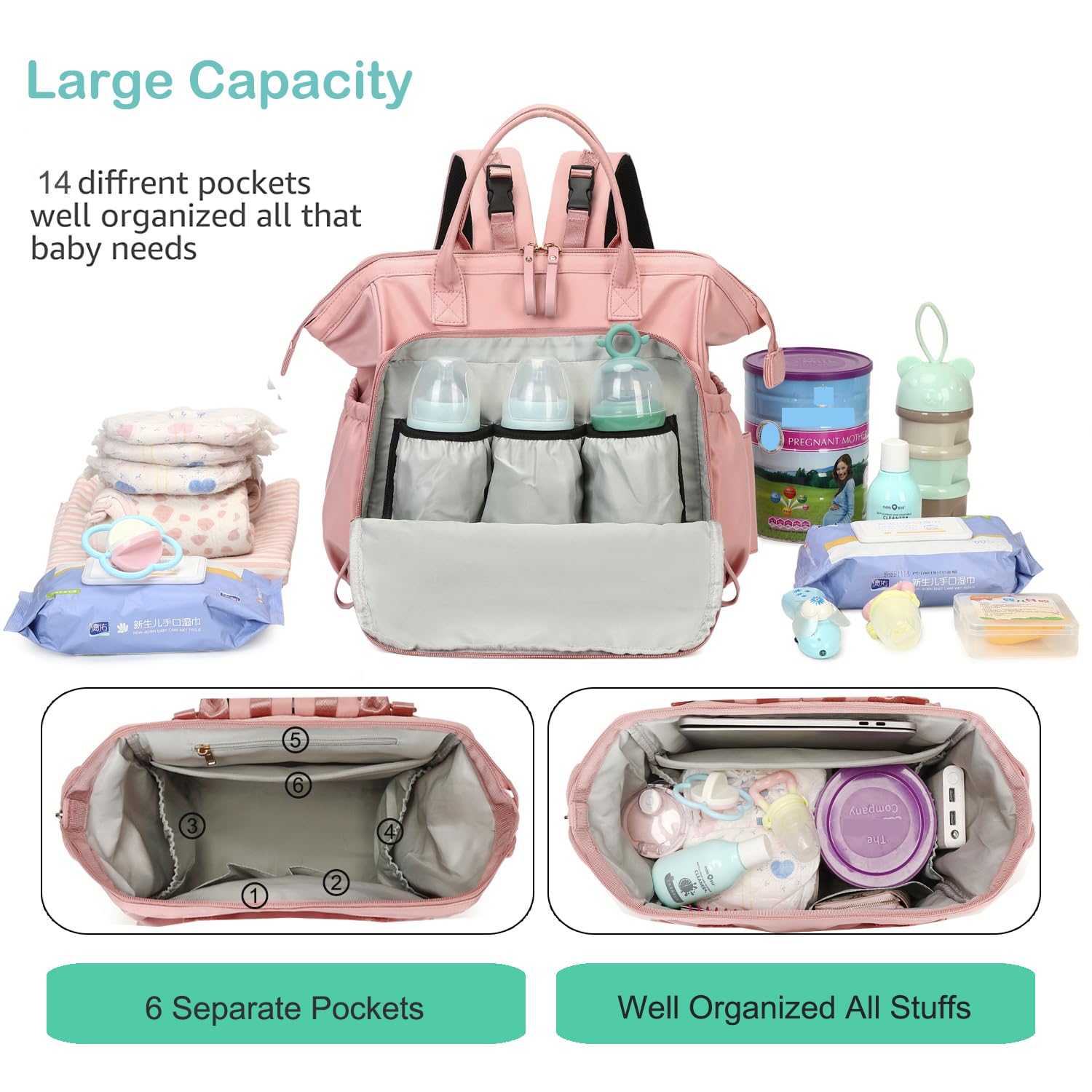 LORADI, Borsa tote portapannolini convertibile, con ampia apertura nella parte superiore,14 tasche e supporto per passeggino, impermeabile