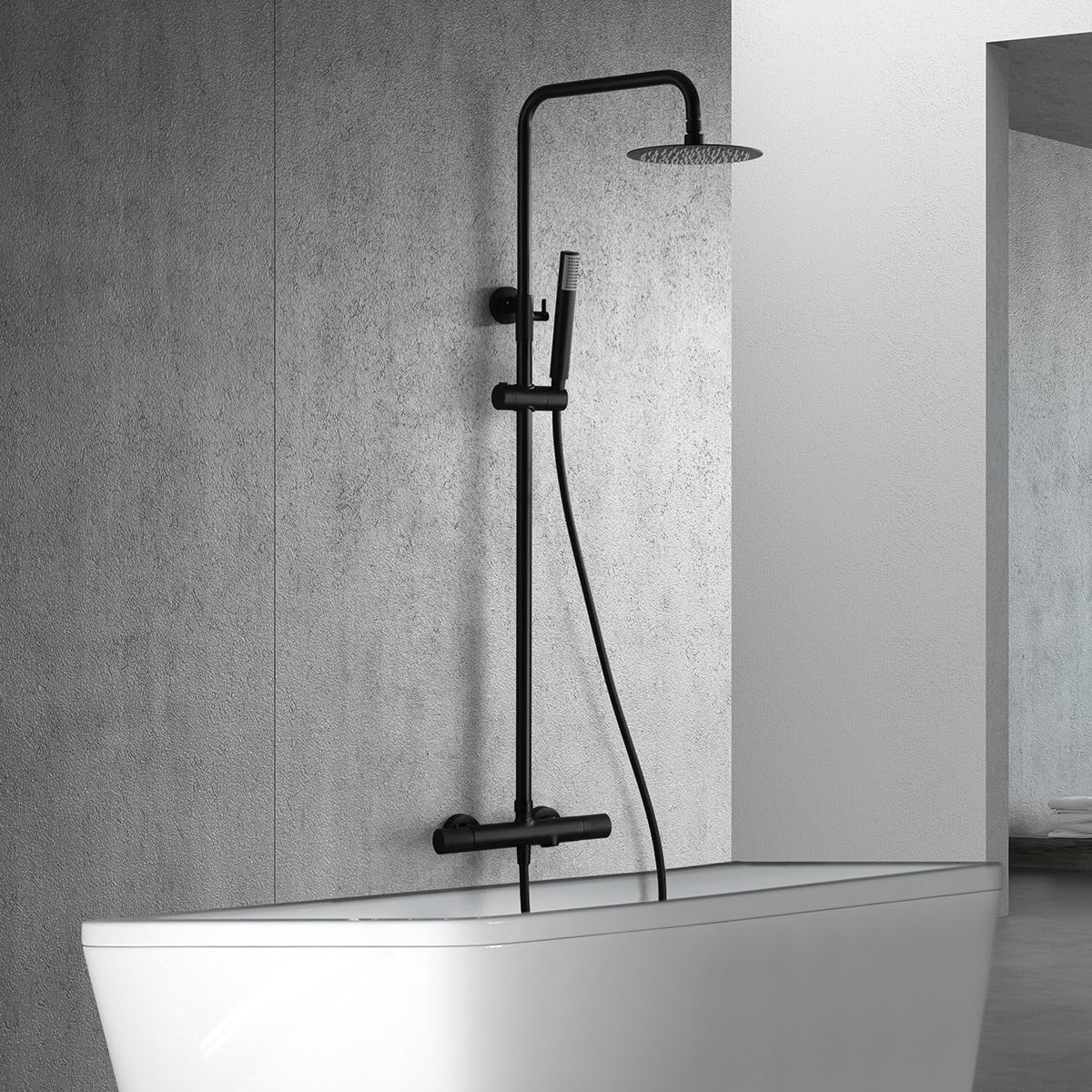 IMEX - Columna Ducha con Grifo para Bañera Termostática Negro Mate | Conjunto de Bañera con Alcachofa y Rociador Antical | Griferia en Latón y Acero Inox S.304 con Barra Extensible | Serie Line