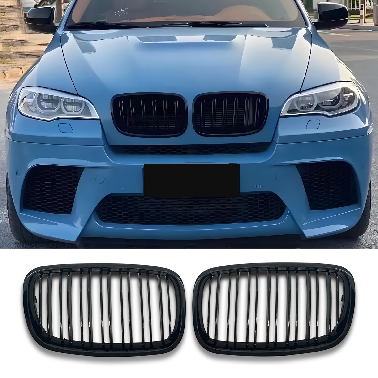 E70 Schwarze Nieren Kühlergrill für BMW X5 E70 X6 E71 Nieren Doppelsteg Sport Kühlergrill Glanz Schwarz E71 Vorne 2007-2013 (For X5 E70 2007-2013)
